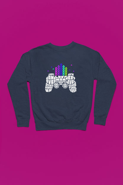Game Controller Typography | Gamer Sprueche Pullover – marine Pullover als Flatlay-Mockup, hochwertiges Nerd- & Gaming-Design Produktfoto.