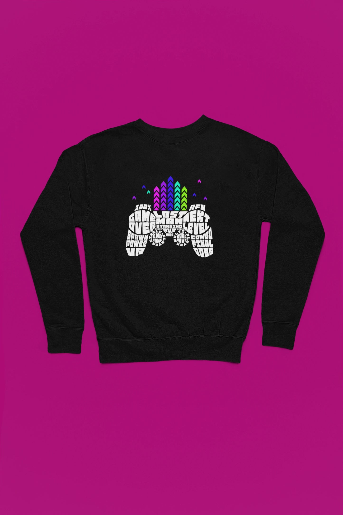 Game Controller Typography | Gamer Sprueche Pullover – schwarz Pullover als Flatlay-Mockup, hochwertiges Nerd- & Gaming-Design Produktfoto.