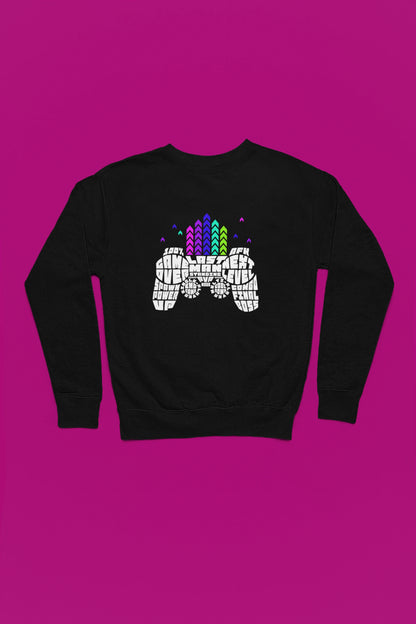 Game Controller Typography | Gamer Sprueche Pullover – schwarz Pullover als Flatlay-Mockup, hochwertiges Nerd- & Gaming-Design Produktfoto.