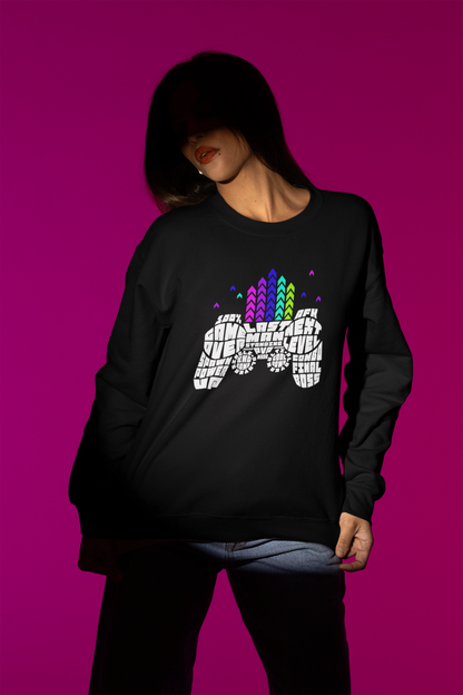 Game Controller Typography | Gamer Sprueche Pullover – schwarz Pullover als Weibliches Model-Mockup, hochwertiges Nerd- & Gaming-Design Produktfoto.