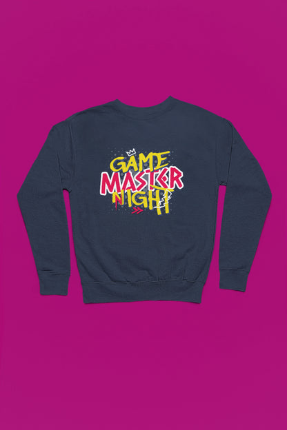 Game Master Night | Bunter Retro-Graffiti Pullover fuer Gamer – marine Pullover als Flatlay-Mockup, hochwertiges Nerd- & Gaming-Design Produktfoto.
