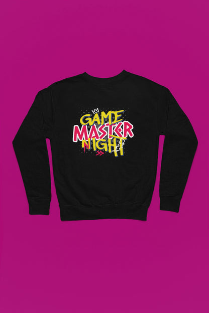 Game Master Night | Bunter Retro-Graffiti Pullover fuer Gamer – schwarz Pullover als Flatlay-Mockup, hochwertiges Nerd- & Gaming-Design Produktfoto.