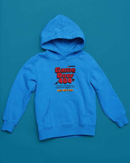 Game Over 404 | Pixel-Glitch Hoodie fuer Retro-Gamer – blau Hoodie als flatlay-Mockup, modernes Gaming-Design und hochwertiges Produktfoto.