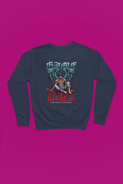 Game Over Angel | Dark Fantasy Pullover mit gefallenen Fluegeln – marine Pullover als Flatlay-Mockup, hochwertiges Nerd- & Gaming-Design Produktfoto.