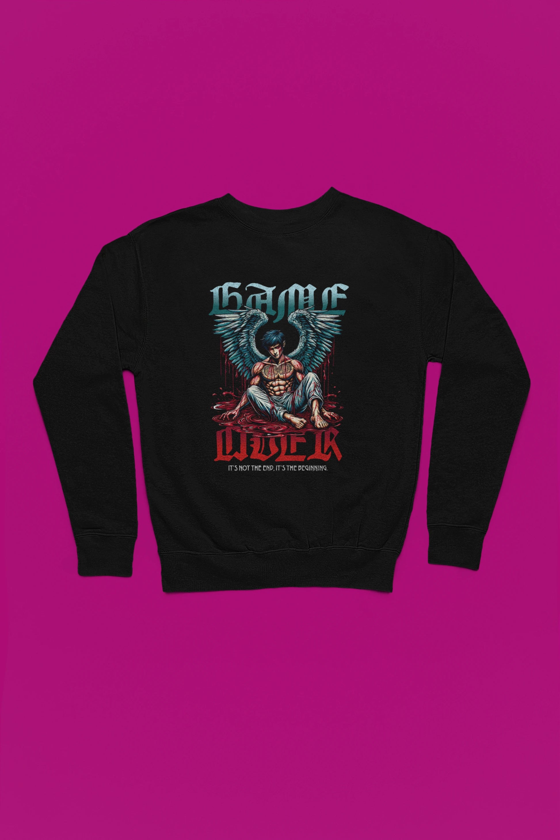 Game Over Angel | Dark Fantasy Pullover mit gefallenen Fluegeln – schwarz Pullover als Flatlay-Mockup, hochwertiges Nerd- & Gaming-Design Produktfoto.