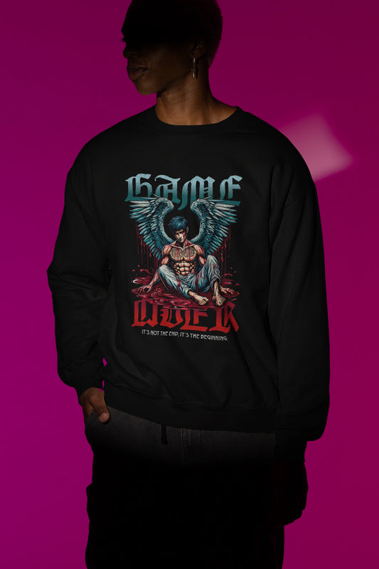 Game Over Angel | Dark Fantasy Pullover mit gefallenen Fluegeln – schwarz Pullover als Maennliches Model-Mockup, hochwertiges Nerd- & Gaming-Design Produktfoto.