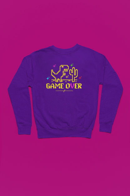 Game Over Dino | Pixel Retro Pullover – lila Pullover als Flatlay-Mockup, hochwertiges Nerd- & Gaming-Design Produktfoto.