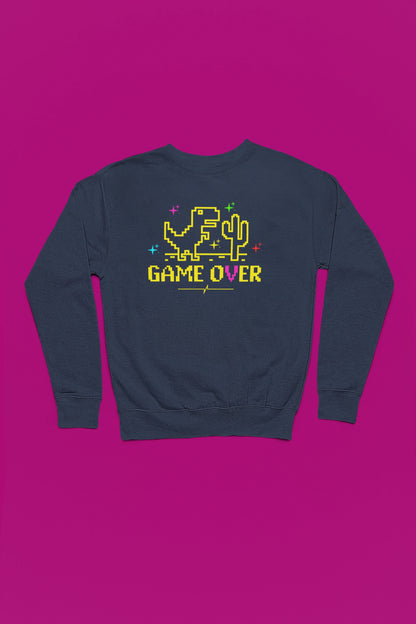 Game Over Dino | Pixel Retro Pullover – marine Pullover als Flatlay-Mockup, hochwertiges Nerd- & Gaming-Design Produktfoto.