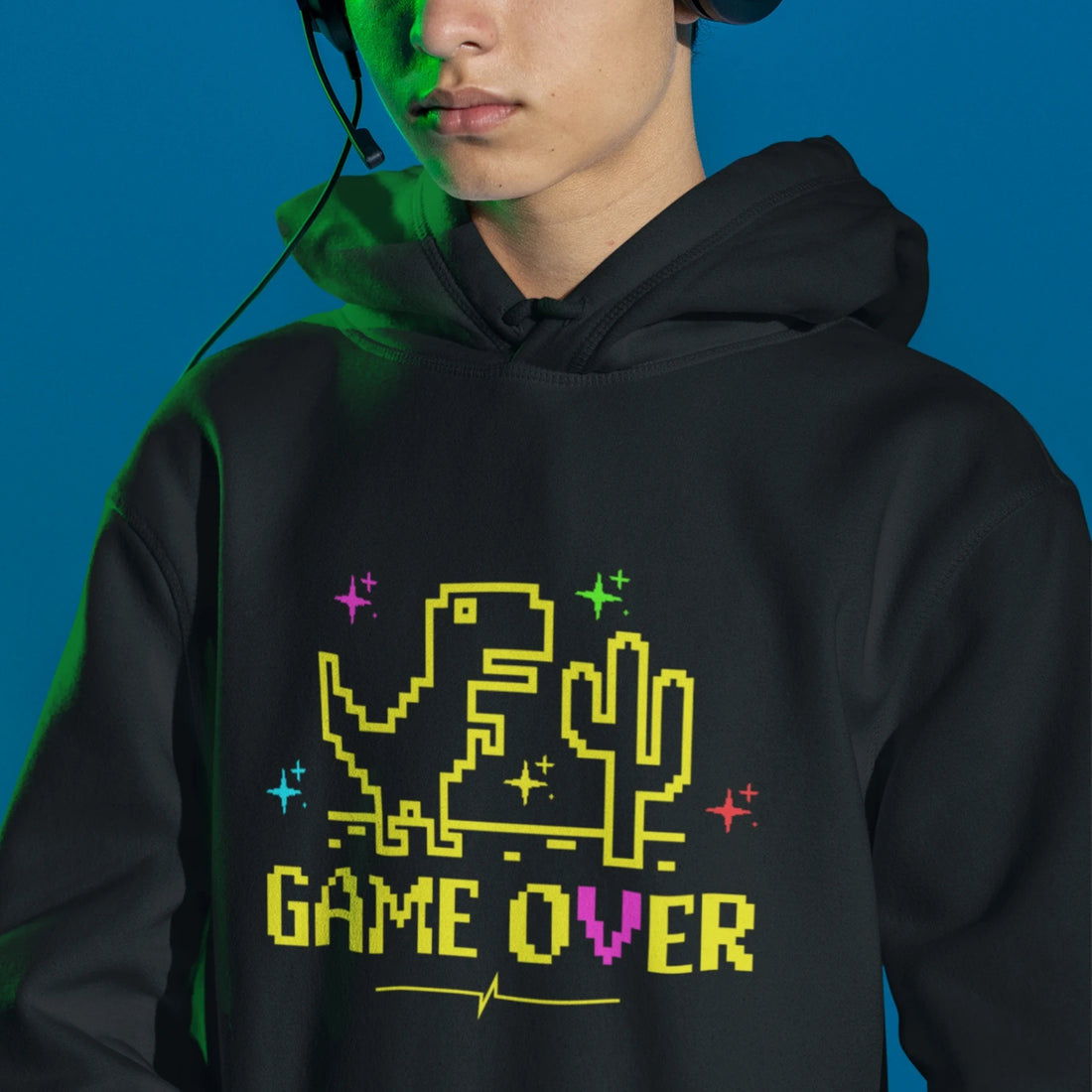 Schwarzer Game Over Dino Hoodie im Retro Pixel Arcade Stil