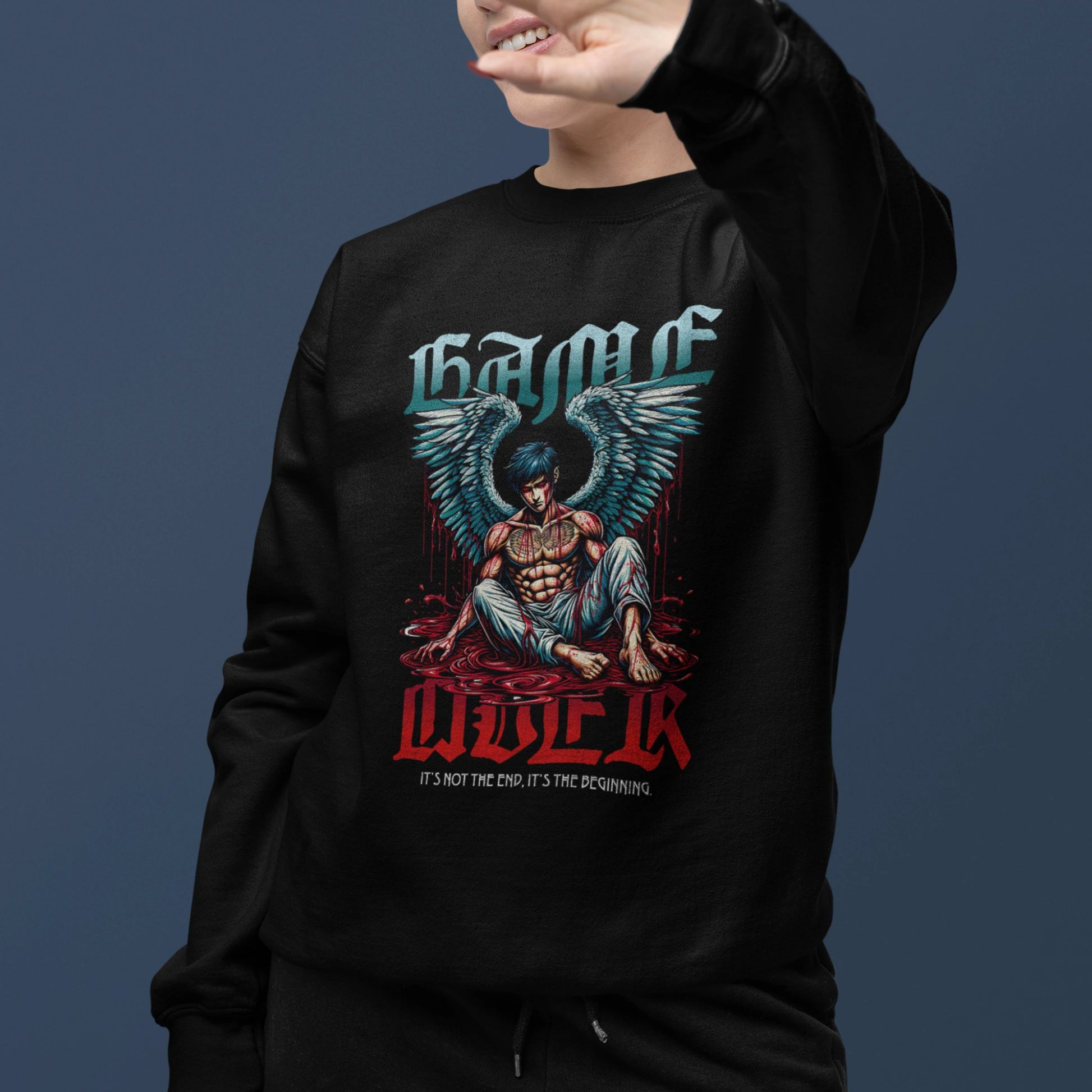 Game Over Pullover - Angel in schwarz – Unisex Pullover im Nerd & Streetwear Style, getragen von weiblichen Model