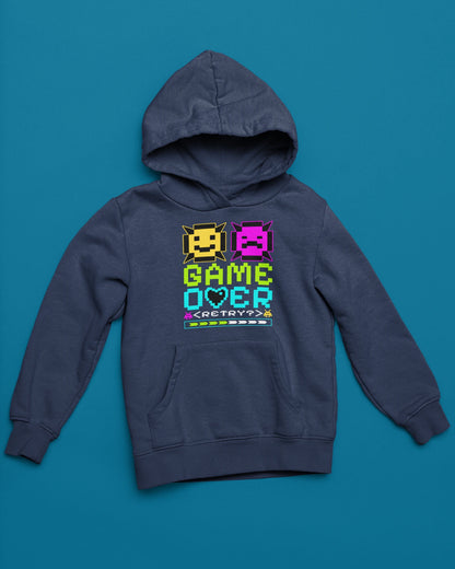 Game Over – Retry? | Buntes 8-Bit Emoji Hoodie – marine Hoodie als flatlay-Mockup, modernes Gaming-Design und hochwertiges Produktfoto.