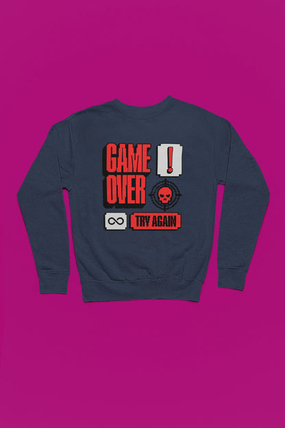 Game Over – Try Again | Retro Pixel Pullover – marine Pullover als Flatlay-Mockup, hochwertiges Nerd- & Gaming-Design Produktfoto.