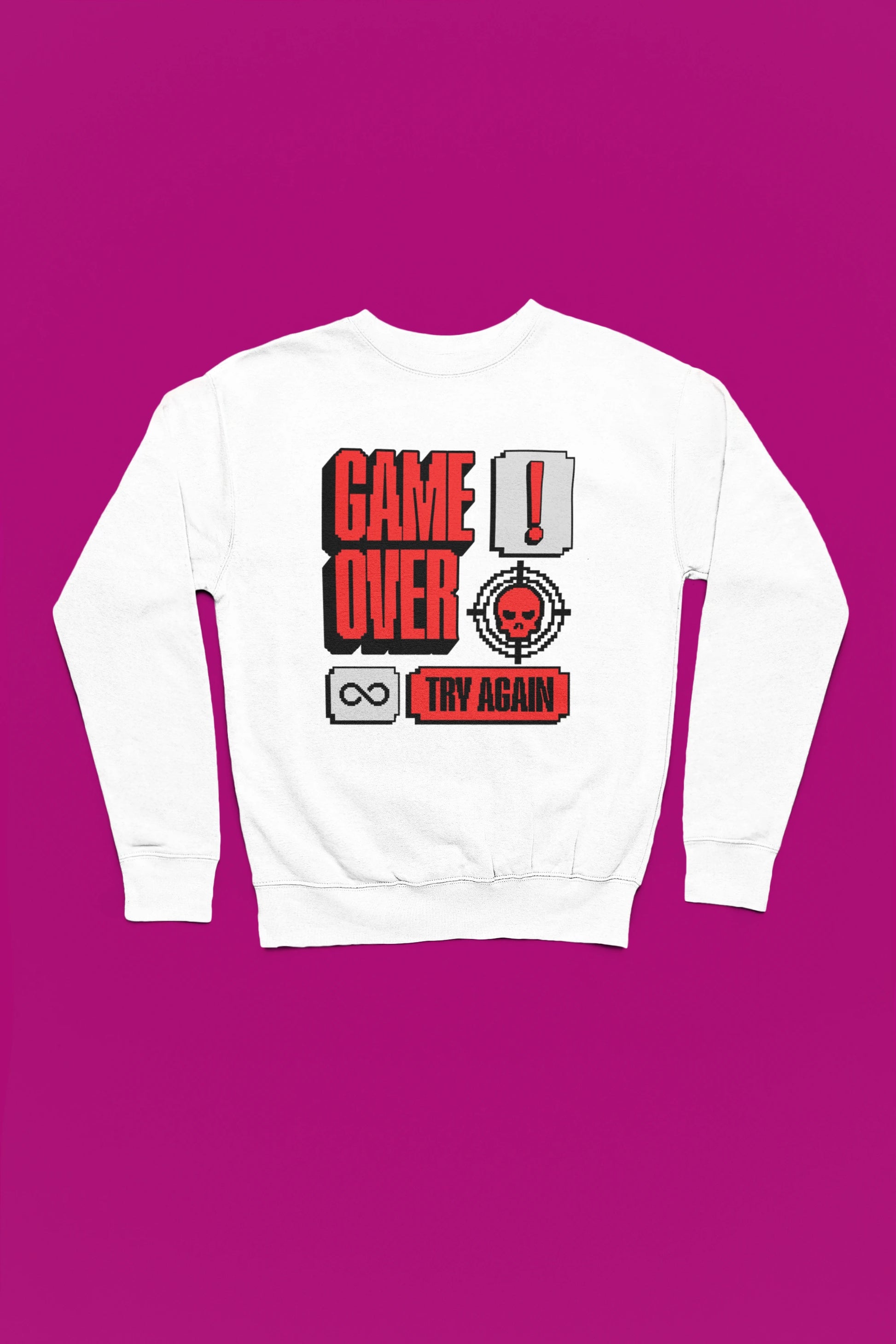 Game Over – Try Again | Retro Pixel Pullover – weiss Pullover als Flatlay-Mockup, hochwertiges Nerd- & Gaming-Design Produktfoto.