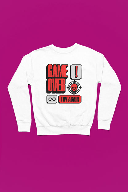 Game Over – Try Again | Retro Pixel Pullover – weiss Pullover als Flatlay-Mockup, hochwertiges Nerd- & Gaming-Design Produktfoto.
