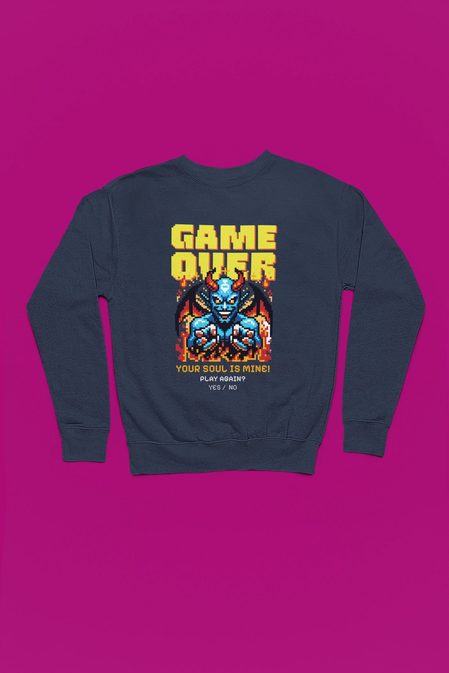 Game Over – Your Soul Is Mine | Retro Pixel Daemon Pullover – marine Pullover als Flatlay-Mockup, hochwertiges Nerd- & Gaming-Design Produktfoto.