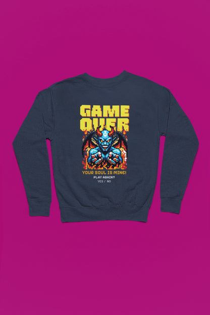 Game Over – Your Soul Is Mine | Retro Pixel Daemon Pullover – marine Pullover als Flatlay-Mockup, hochwertiges Nerd- & Gaming-Design Produktfoto.