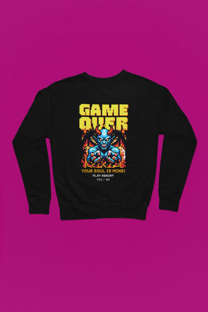 Game Over – Your Soul Is Mine | Retro Pixel Daemon Pullover – schwarz Pullover als Flatlay-Mockup, hochwertiges Nerd- & Gaming-Design Produktfoto.