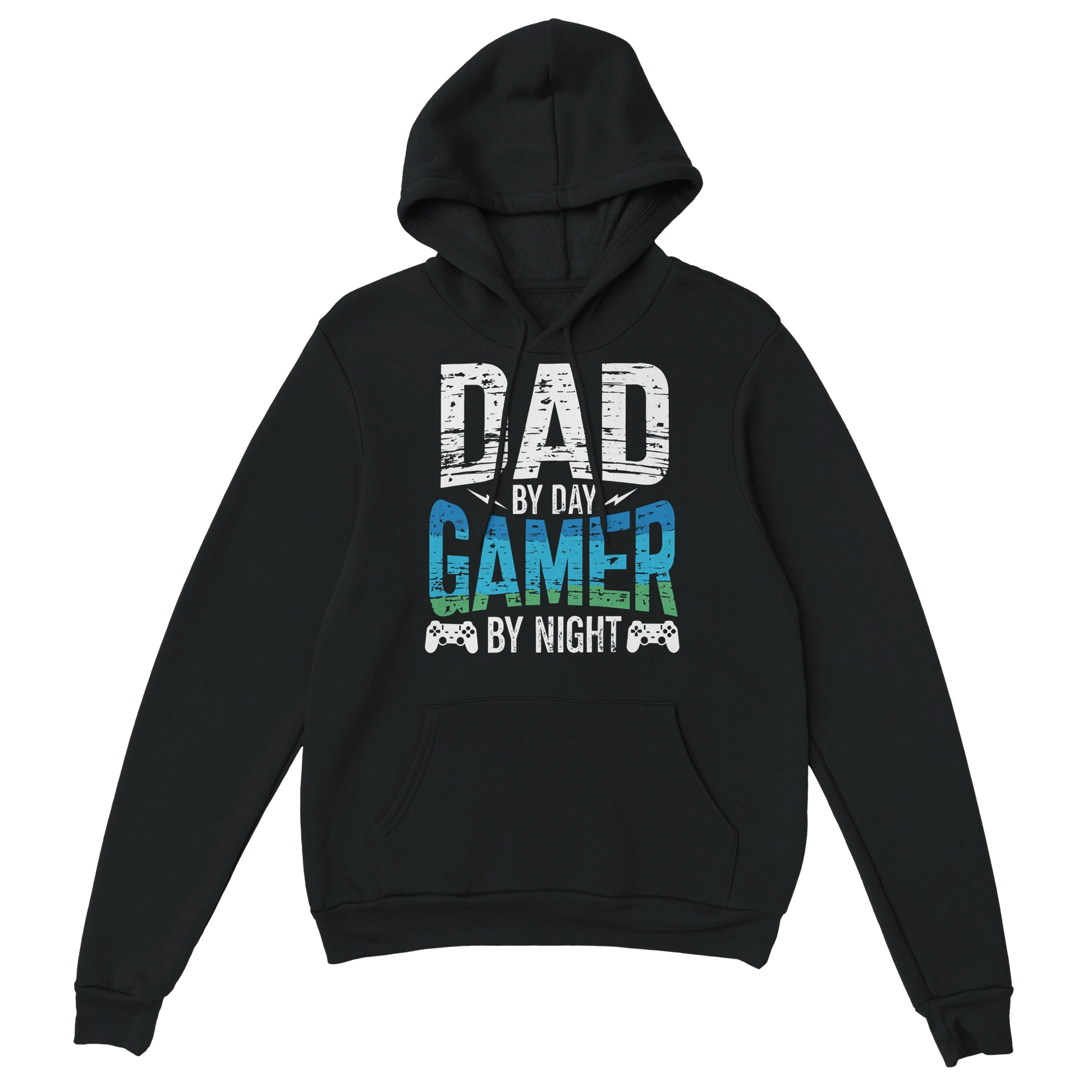 Gamer Hoodie - Dad By Day Gamer By Night schwarz – Gaming Hoodie Flatlay mit Dad By Day Gamer By Night Print