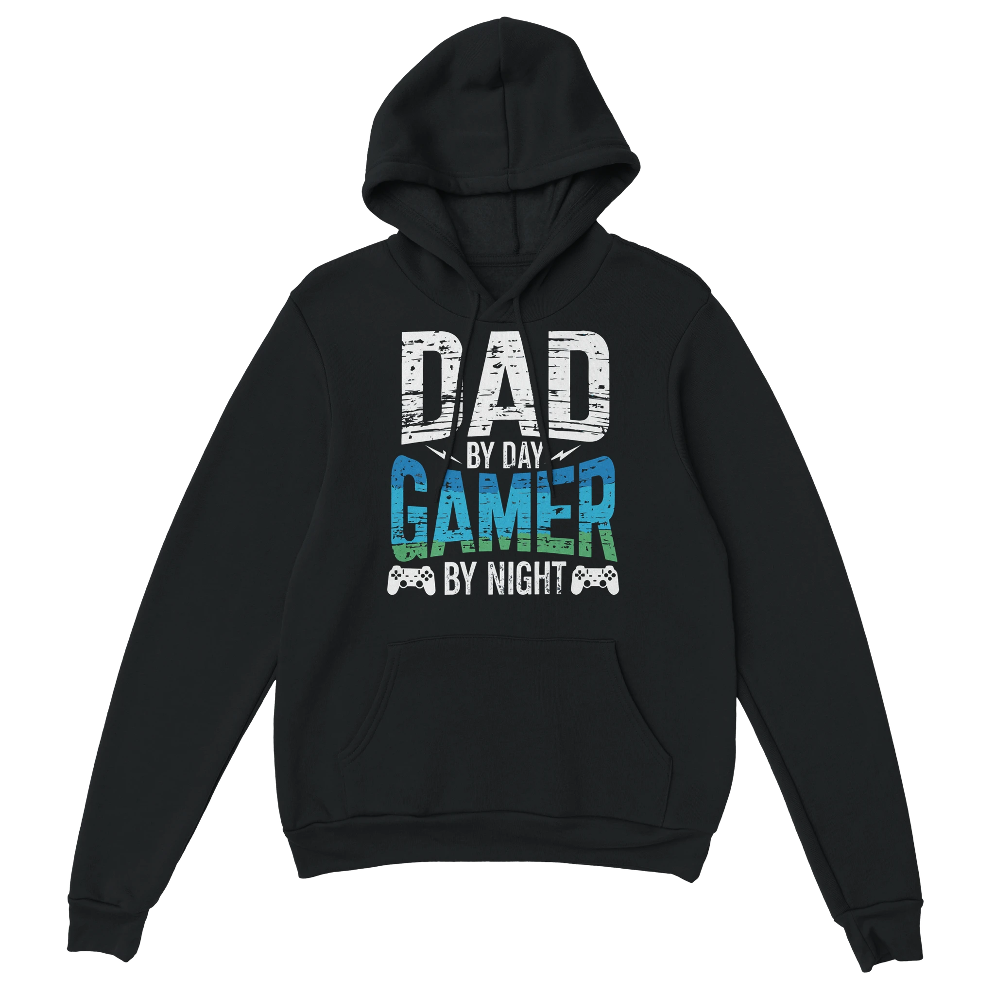Gamer Hoodie - Dad By Day Gamer By Night schwarz – Gaming Hoodie Flatlay mit Dad By Day Gamer By Night Print