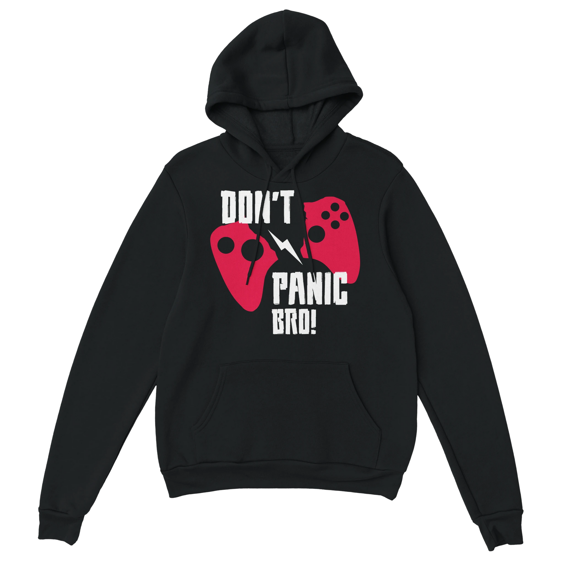 Gamer Hoodie - Don’t Panic Bro schwarz – Gaming Hoodie Flatlay mit Don’t Panic Bro Print