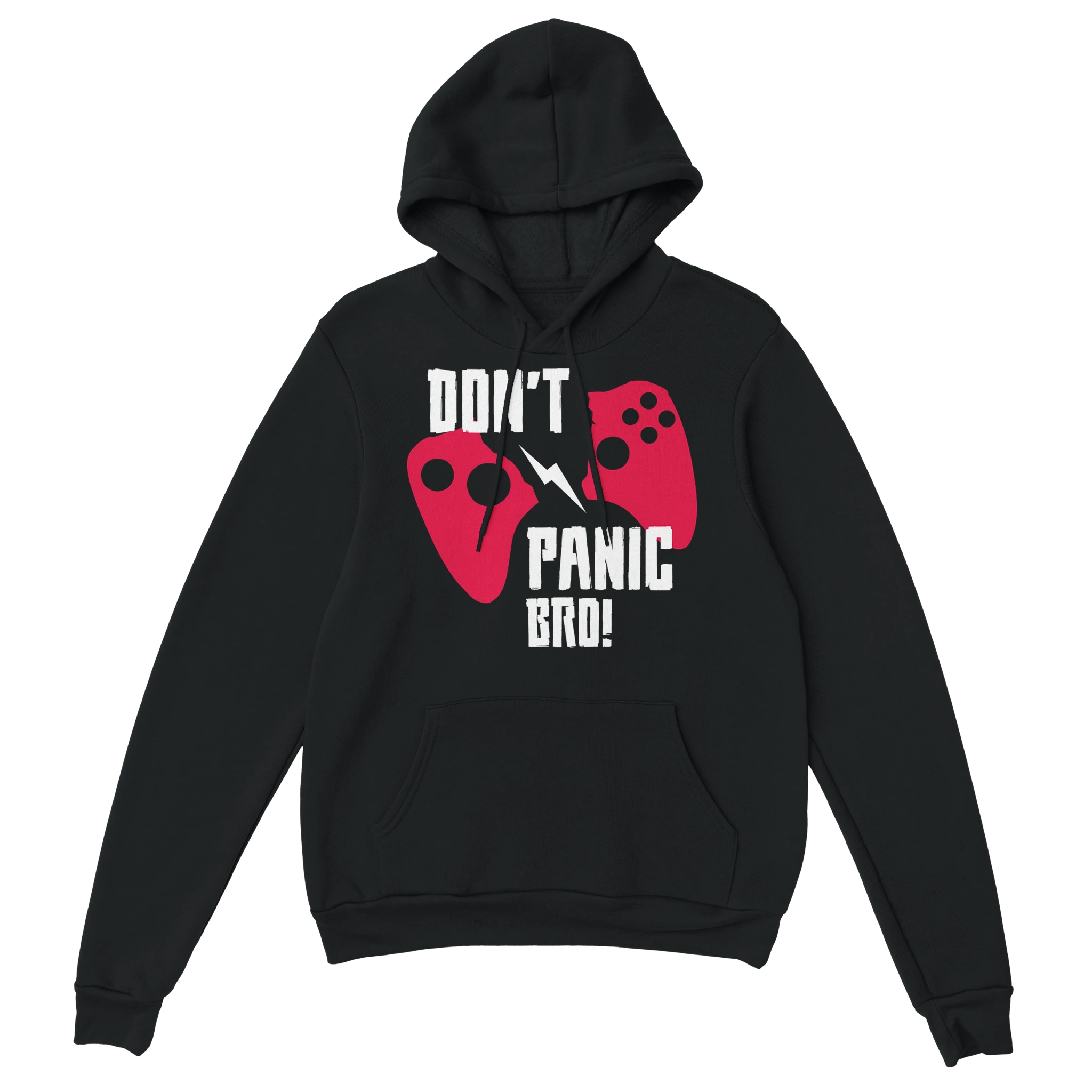 Gamer Hoodie - Don’t Panic Bro schwarz – Gaming Hoodie Flatlay mit Don’t Panic Bro Print