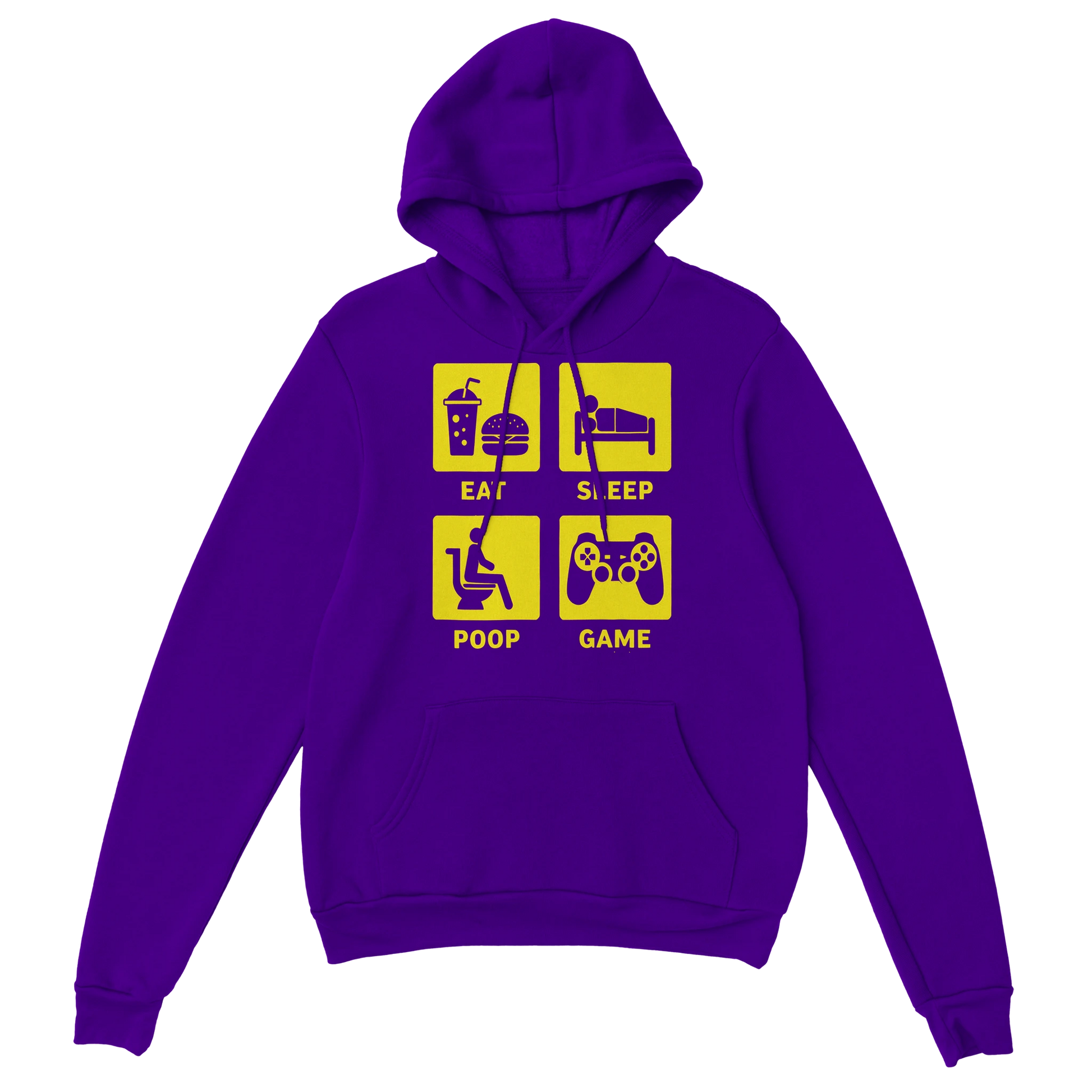 Gamer Hoodie - Eat Sleep Poop Game lila – Gaming Hoodie Flatlay mit Eat Sleep Poop Game Print