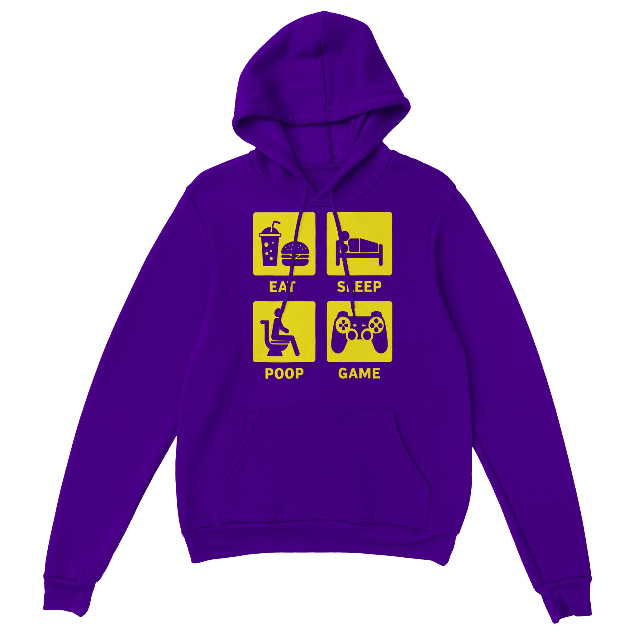 Gamer Hoodie - Eat Sleep Poop Game lila – Gaming Hoodie Flatlay mit Eat Sleep Poop Game Print
