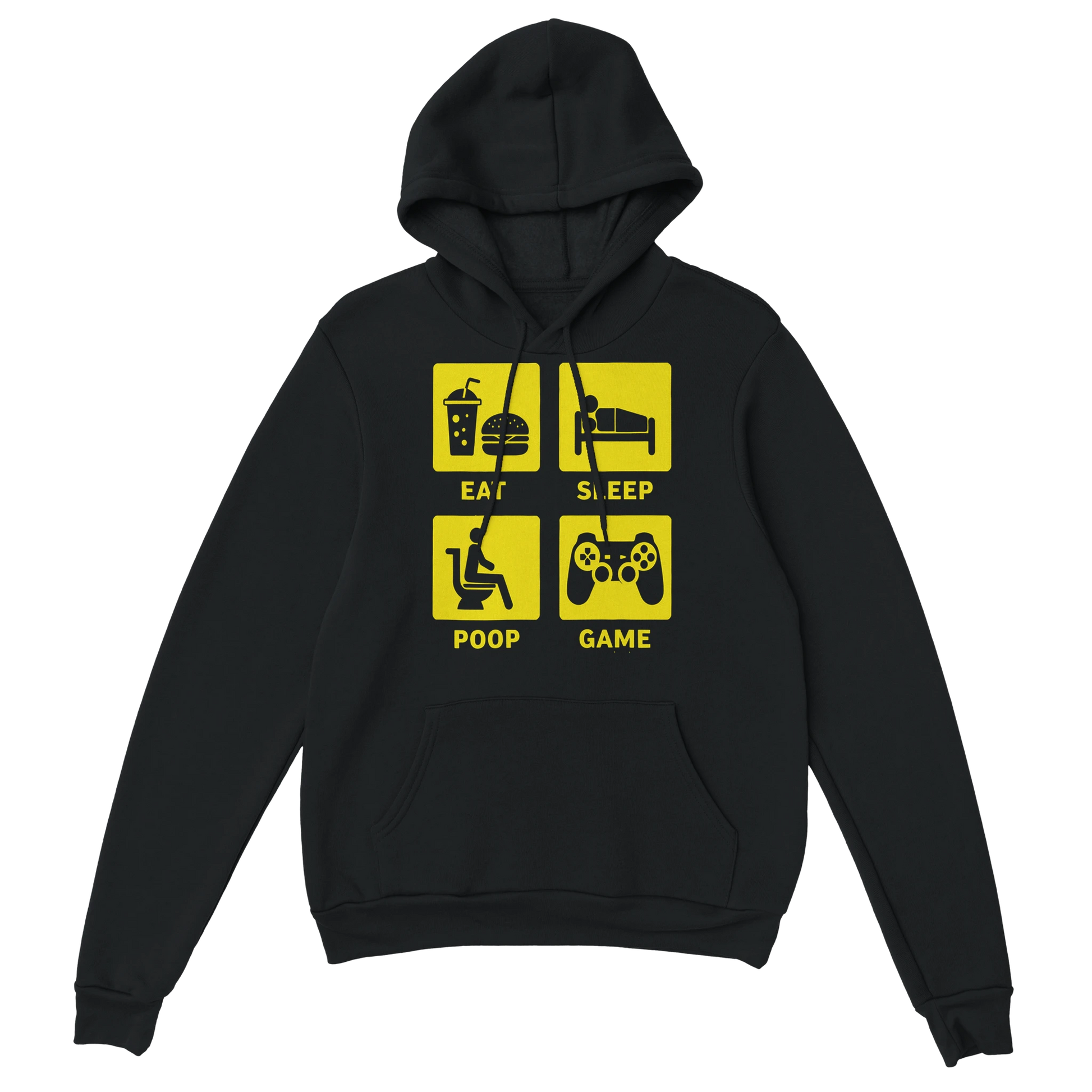 Gamer Hoodie - Eat Sleep Poop Game schwarz – Gaming Hoodie Flatlay mit Eat Sleep Poop Game Print