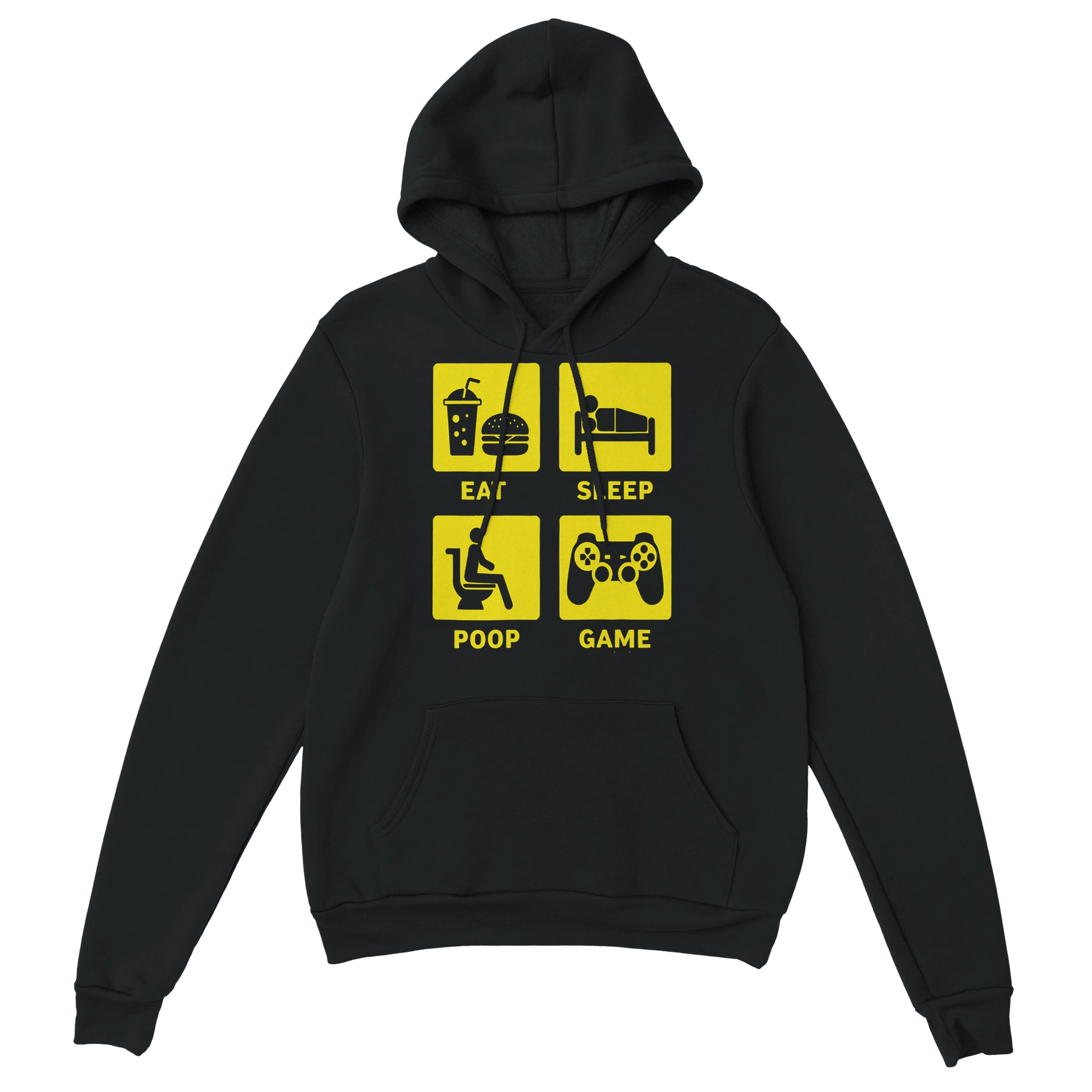 Gamer Hoodie - Eat Sleep Poop Game schwarz – Gaming Hoodie Flatlay mit Eat Sleep Poop Game Print