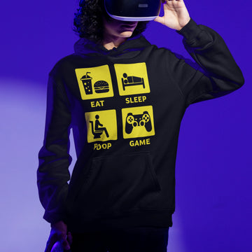 Gamer Hoodie - Eat Sleep Poop Game schwarz – Gaming Hoodie getragen von maennlichem Model mit Eat Sleep Poop Game Print