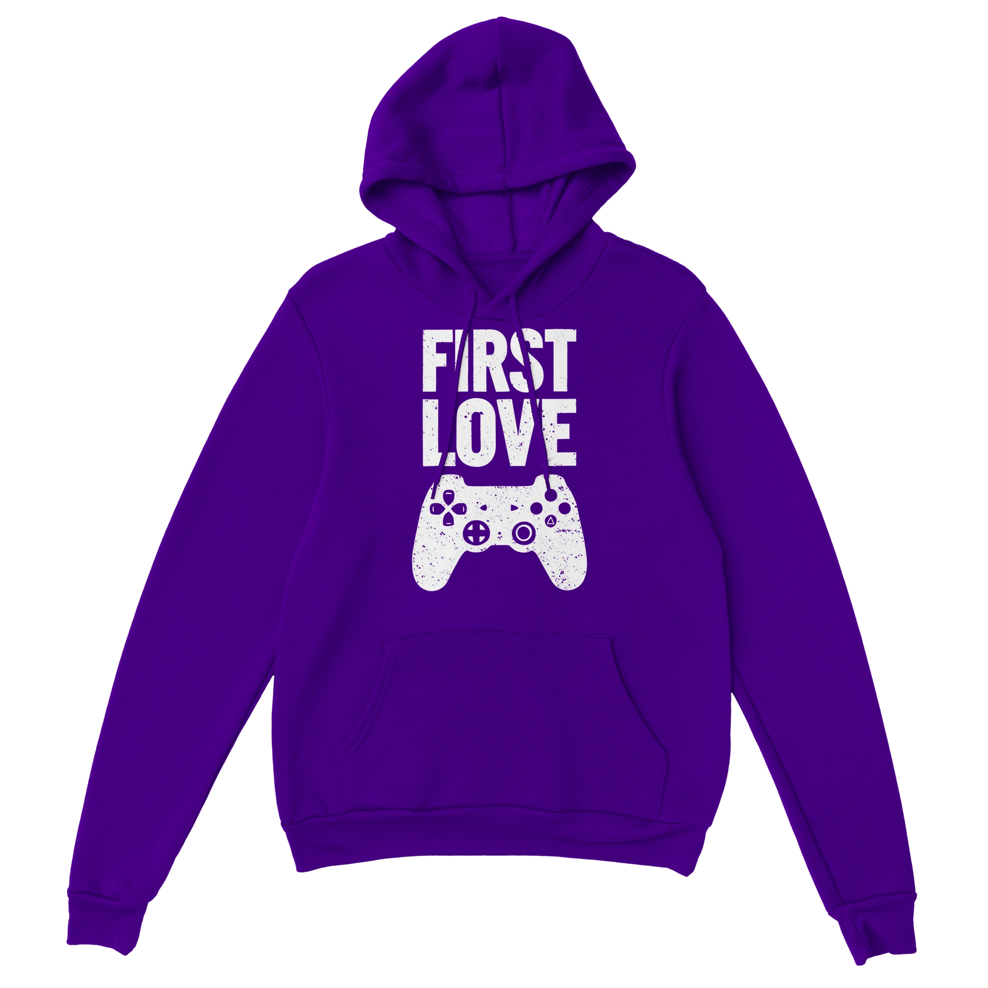 Gamer Hoodie - First Love lila – Gaming Hoodie Flatlay mit First Love Print