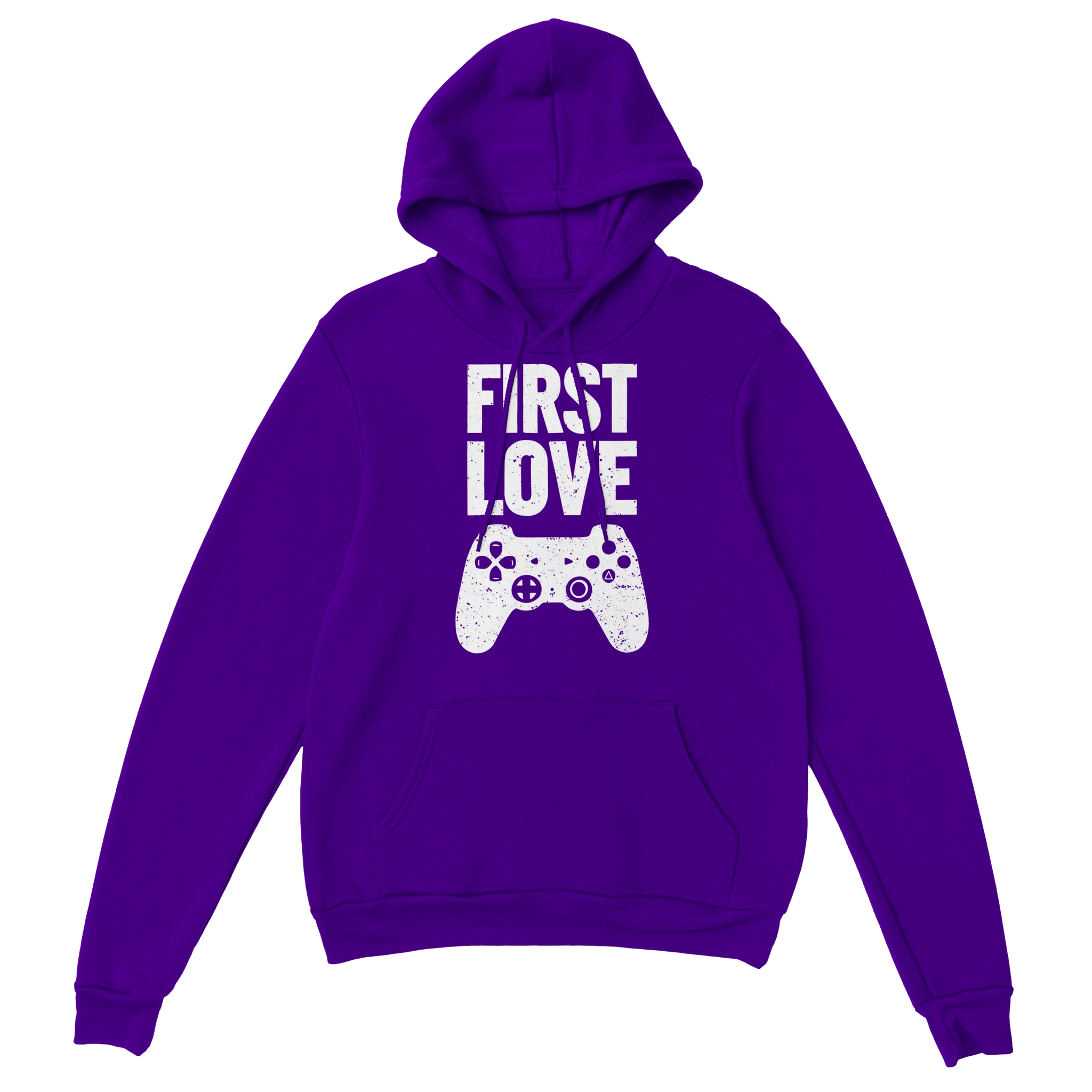 Gamer Hoodie - First Love lila – Gaming Hoodie Flatlay mit First Love Print