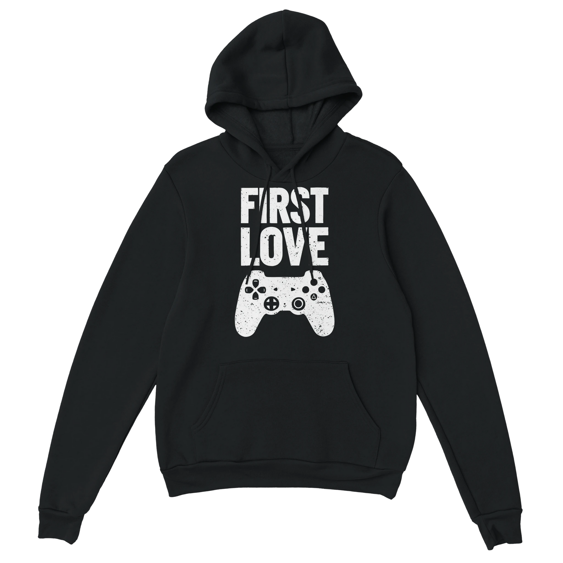 Gamer Hoodie - First Love schwarz – Gaming Hoodie Flatlay mit First Love Print