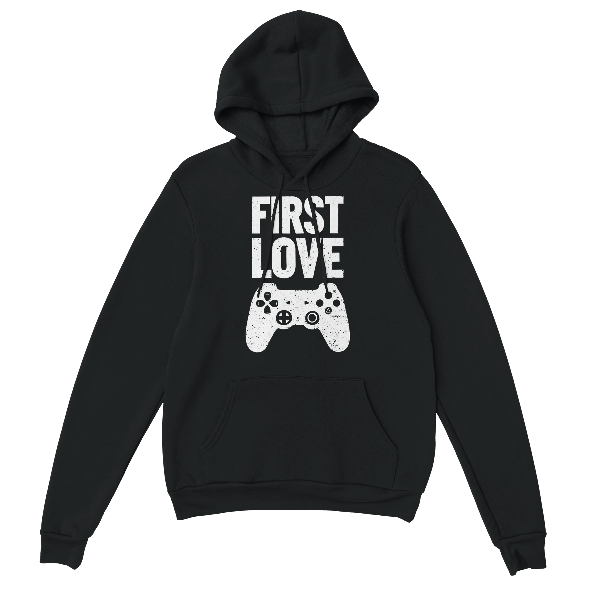 Gamer Hoodie - First Love schwarz – Gaming Hoodie Flatlay mit First Love Print