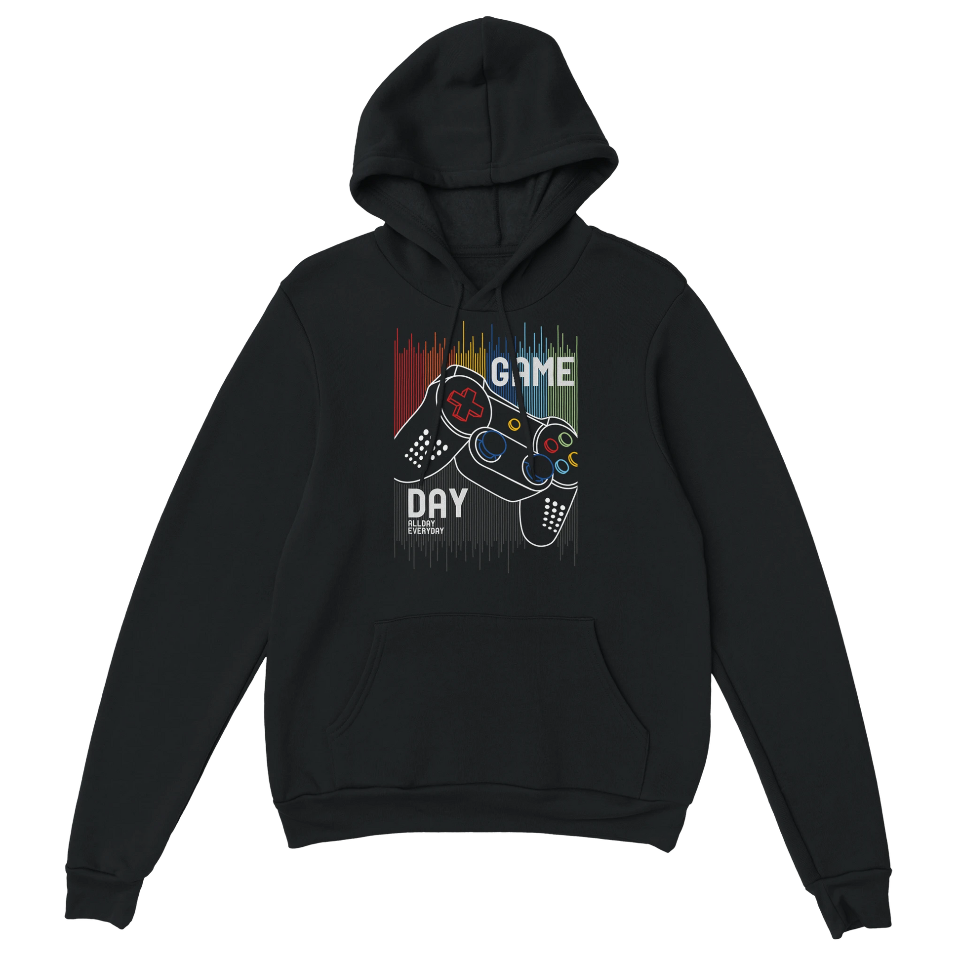 Gamer Hoodie - Game Day All Day schwarz – Gaming Hoodie Flatlay mit Game Day All Day Print