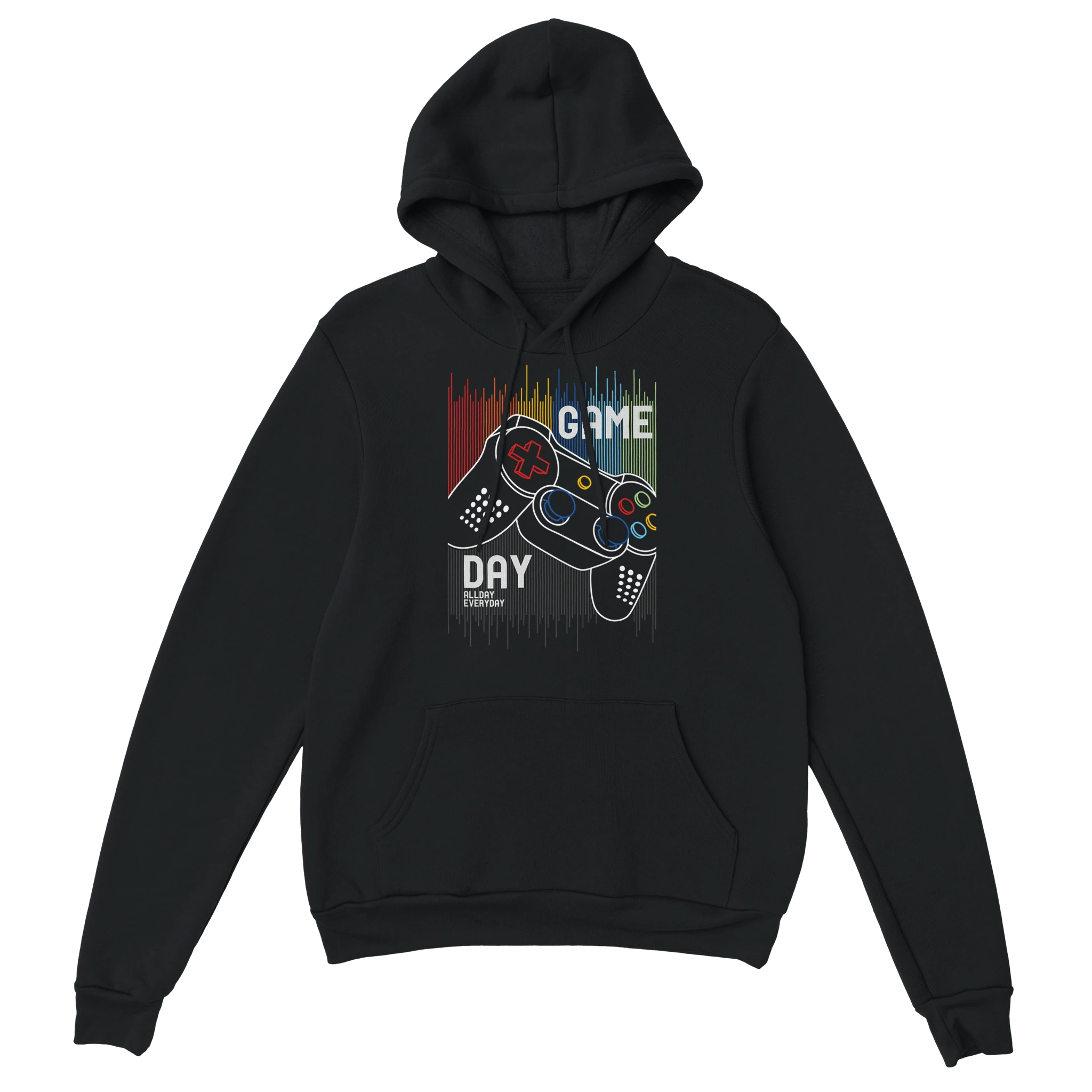 Gamer Hoodie - Game Day All Day schwarz – Gaming Hoodie Flatlay mit Game Day All Day Print