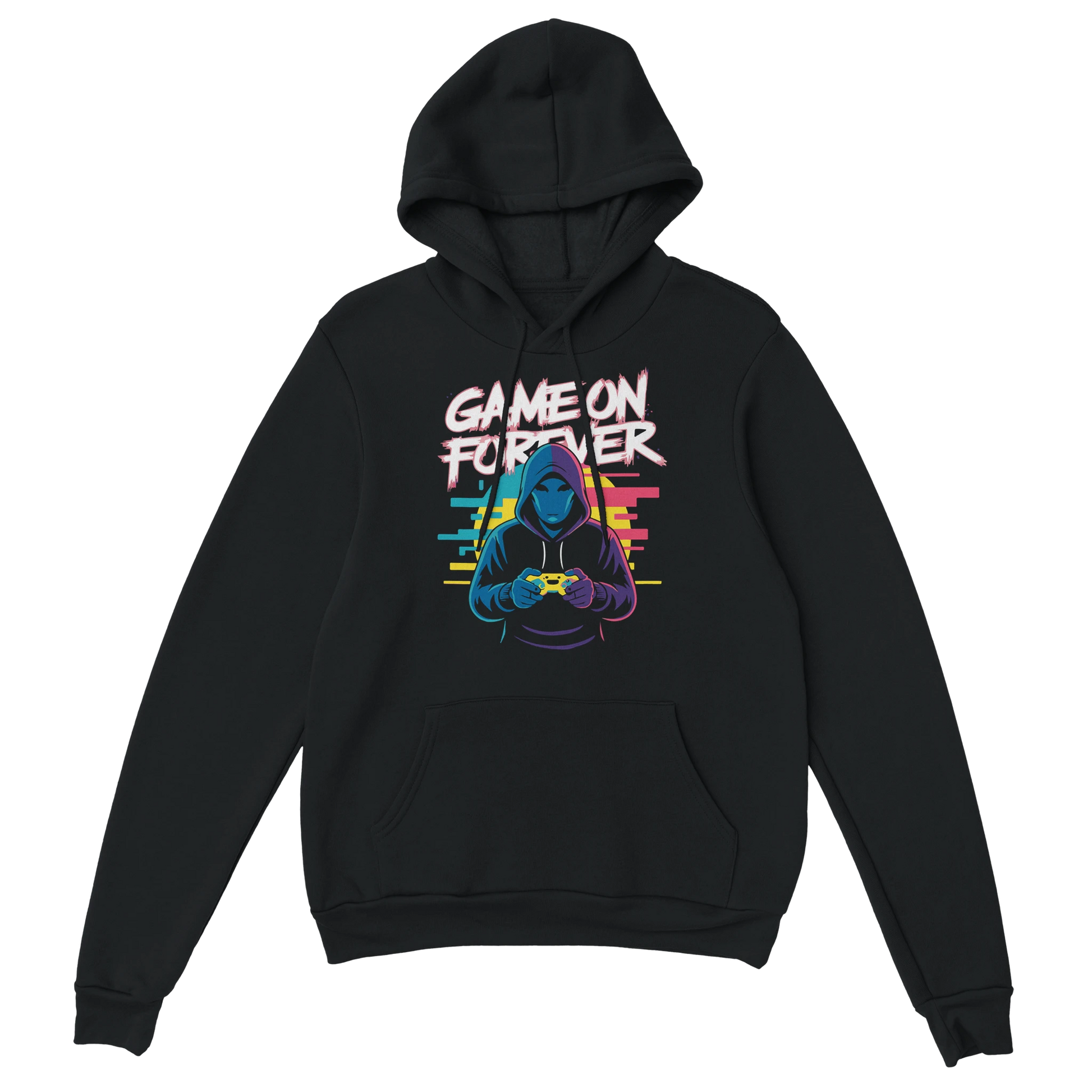 Gamer Hoodie - Game On Forever schwarz – Gaming Hoodie Flatlay mit Game On Forever Print