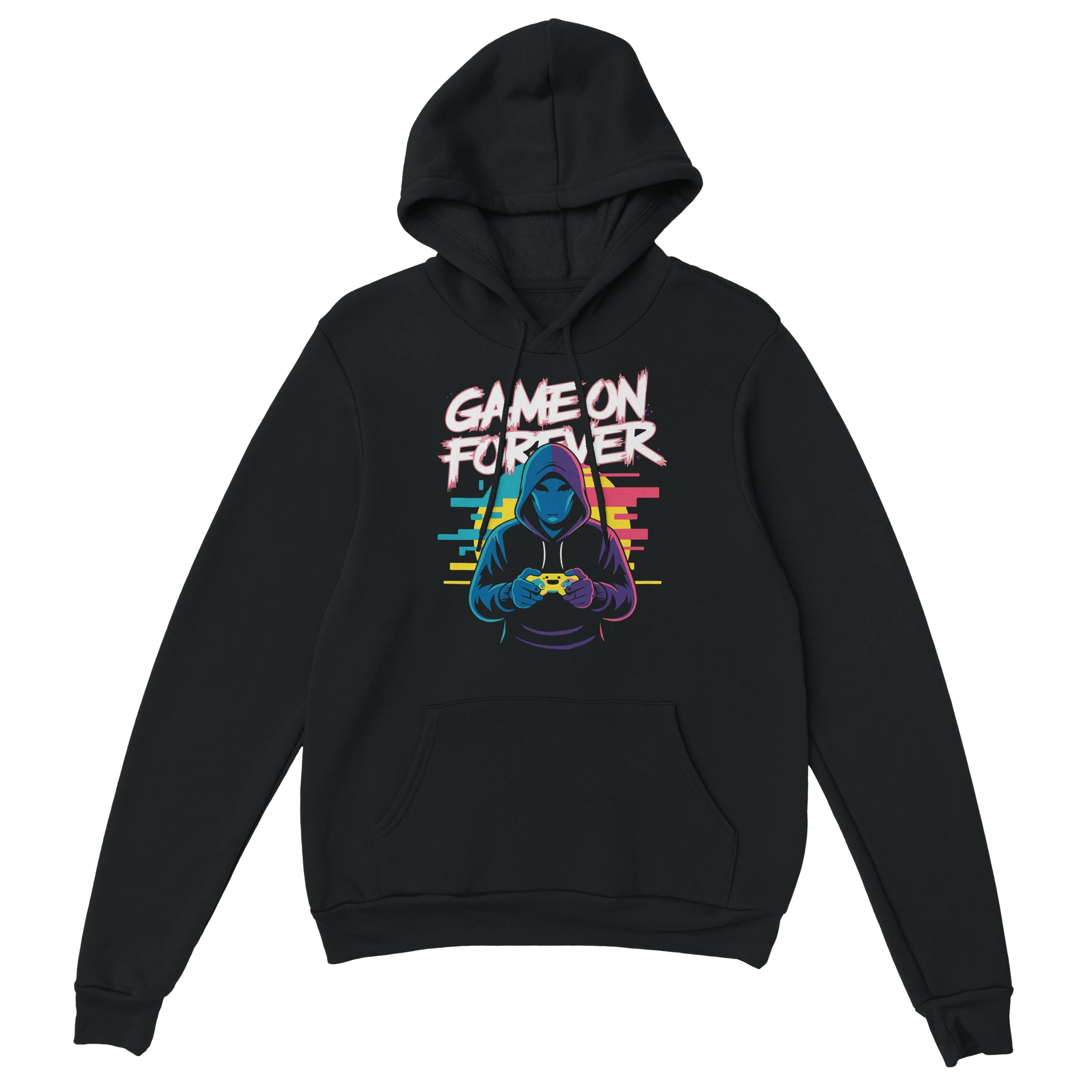 Gamer Hoodie - Game On Forever schwarz – Gaming Hoodie Flatlay mit Game On Forever Print