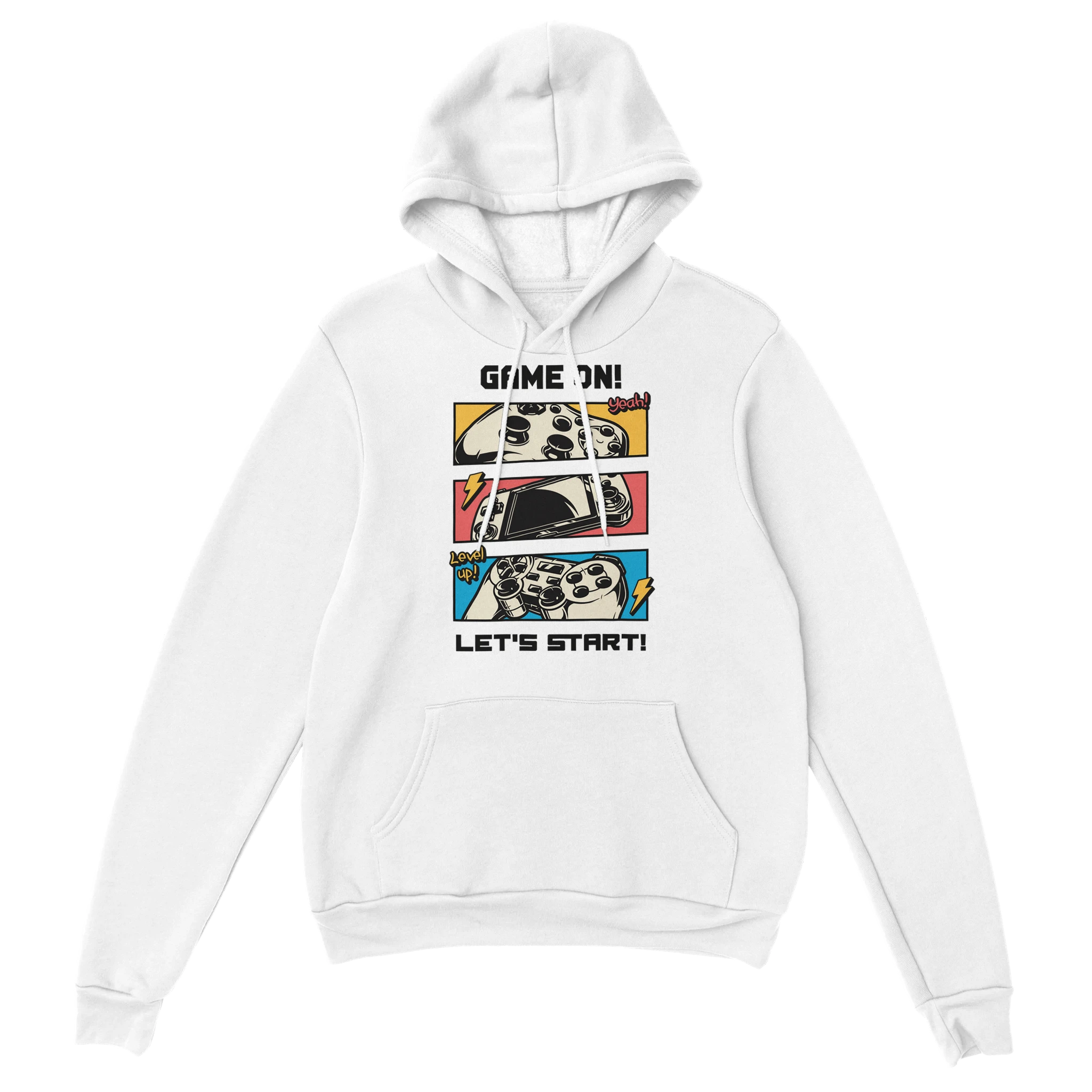 Gamer Hoodie | Game On – Level Up weiss – Gaming Hoodie Flatlay mit Gamer  | Game On – Level Up Print