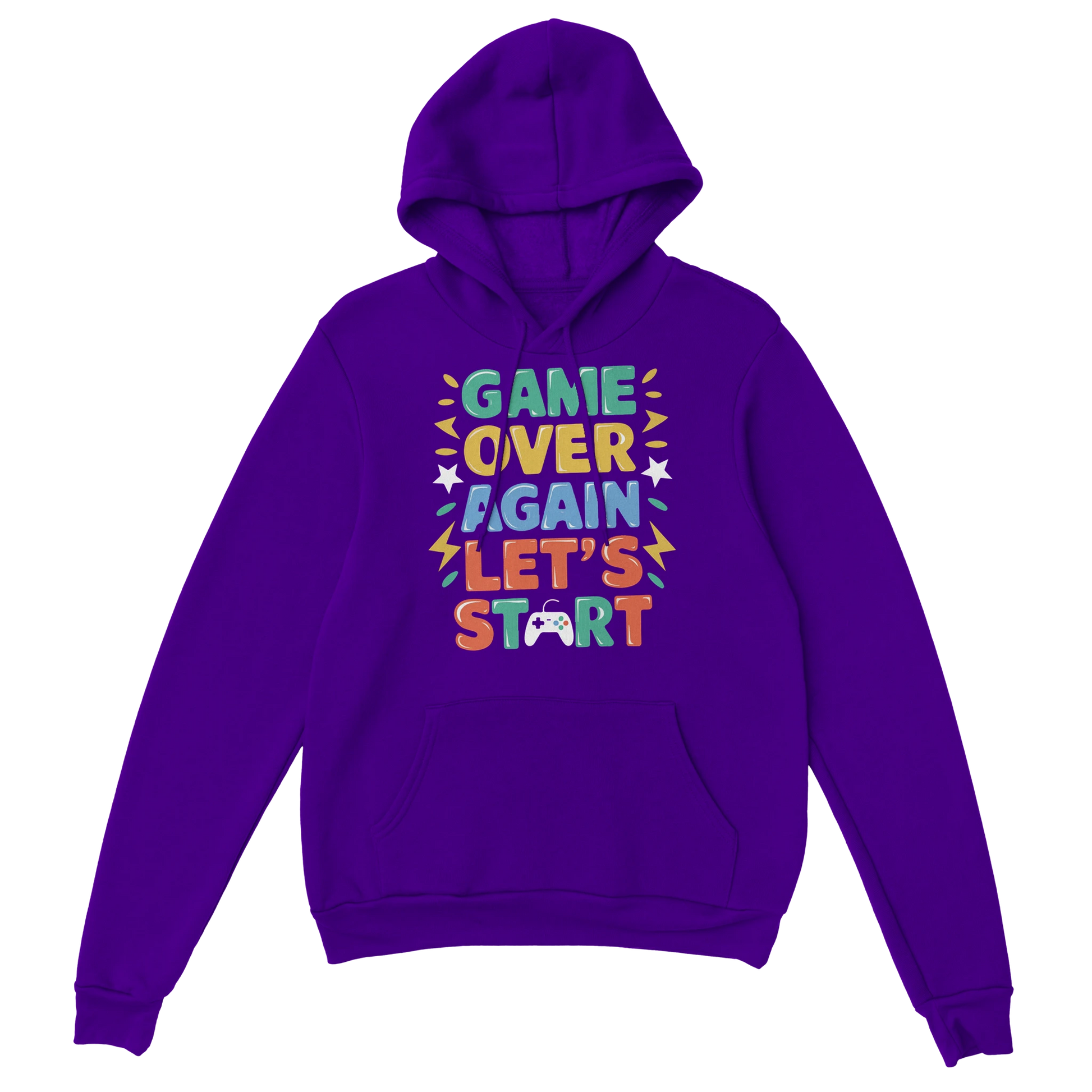 Gamer Hoodie - Game Over Again? lila – Gaming Hoodie Flatlay mit Game Over Again? Print