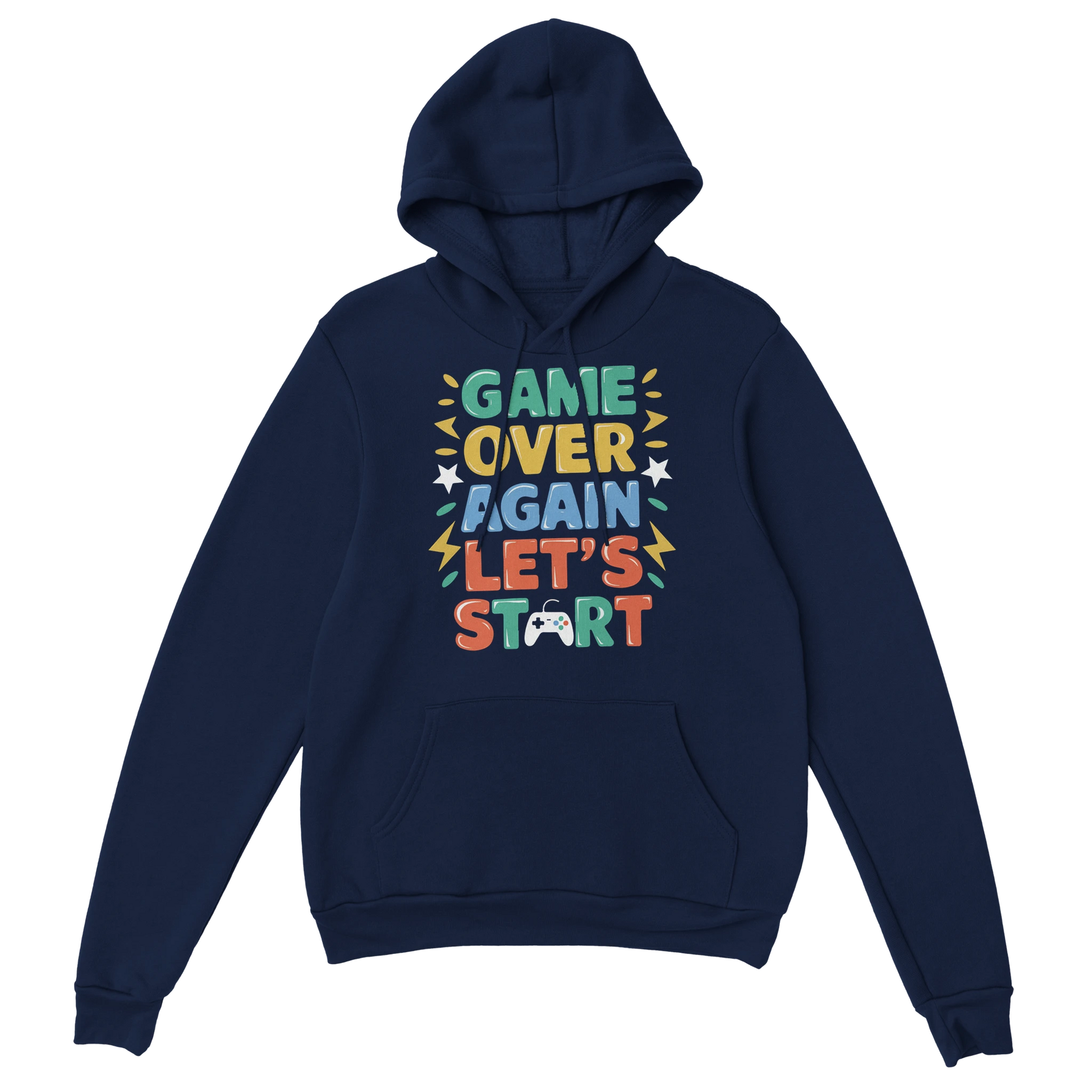 Gamer Hoodie - Game Over Again? marine – Gaming Hoodie Flatlay mit Game Over Again? Print