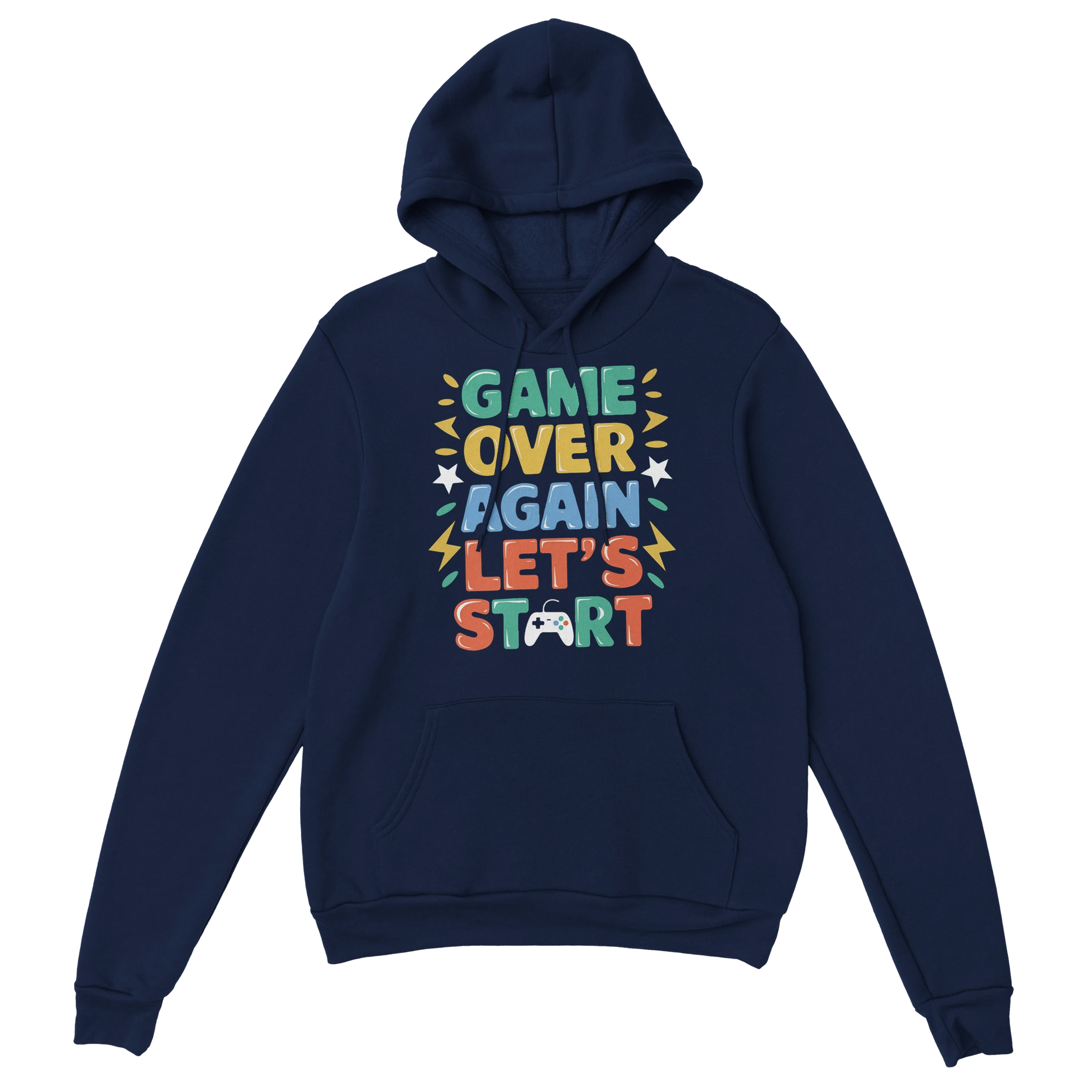 Gamer Hoodie - Game Over Again? marine – Gaming Hoodie Flatlay mit Game Over Again? Print