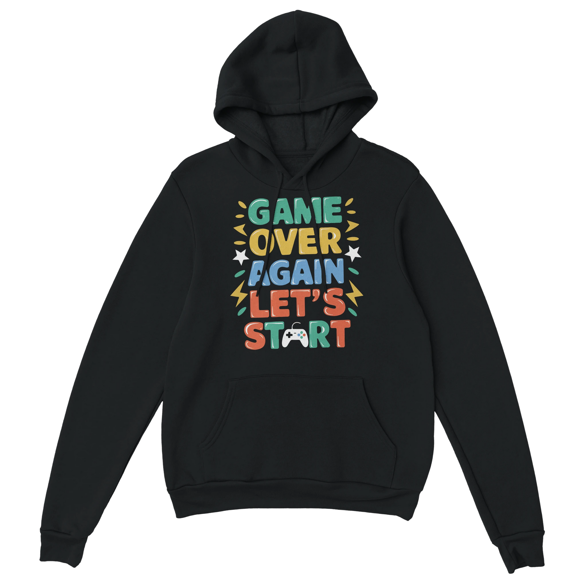 Gamer Hoodie - Game Over Again? schwarz – Gaming Hoodie Flatlay mit Game Over Again? Print