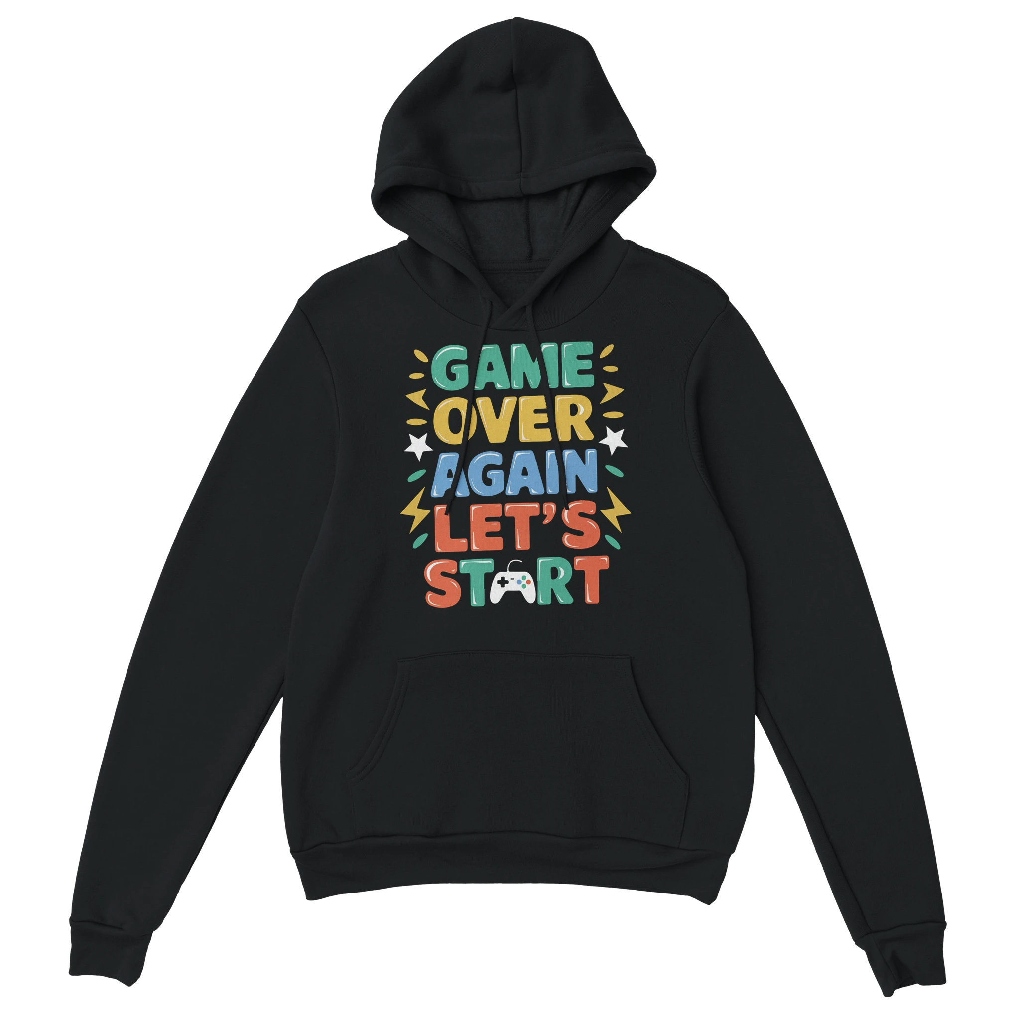 Gamer Hoodie - Game Over Again? schwarz – Gaming Hoodie Flatlay mit Game Over Again? Print