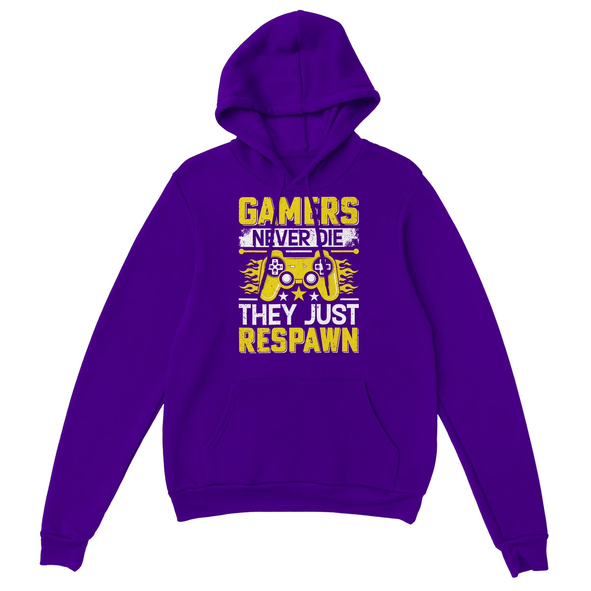 Gamer Hoodie - Gamers Never Die lila – Gaming Hoodie Flatlay mit Gamers Never Die Print