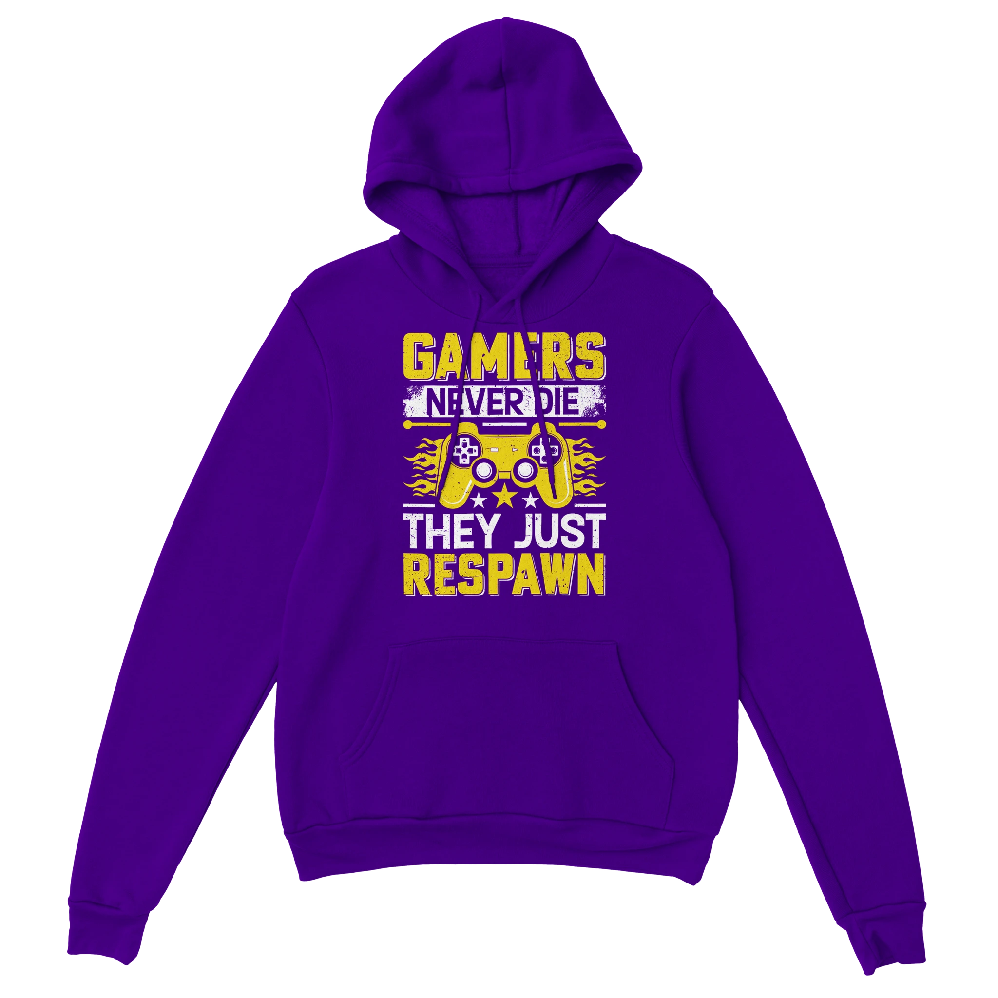 Gamer Hoodie - Gamers Never Die lila – Gaming Hoodie Flatlay mit Gamers Never Die Print