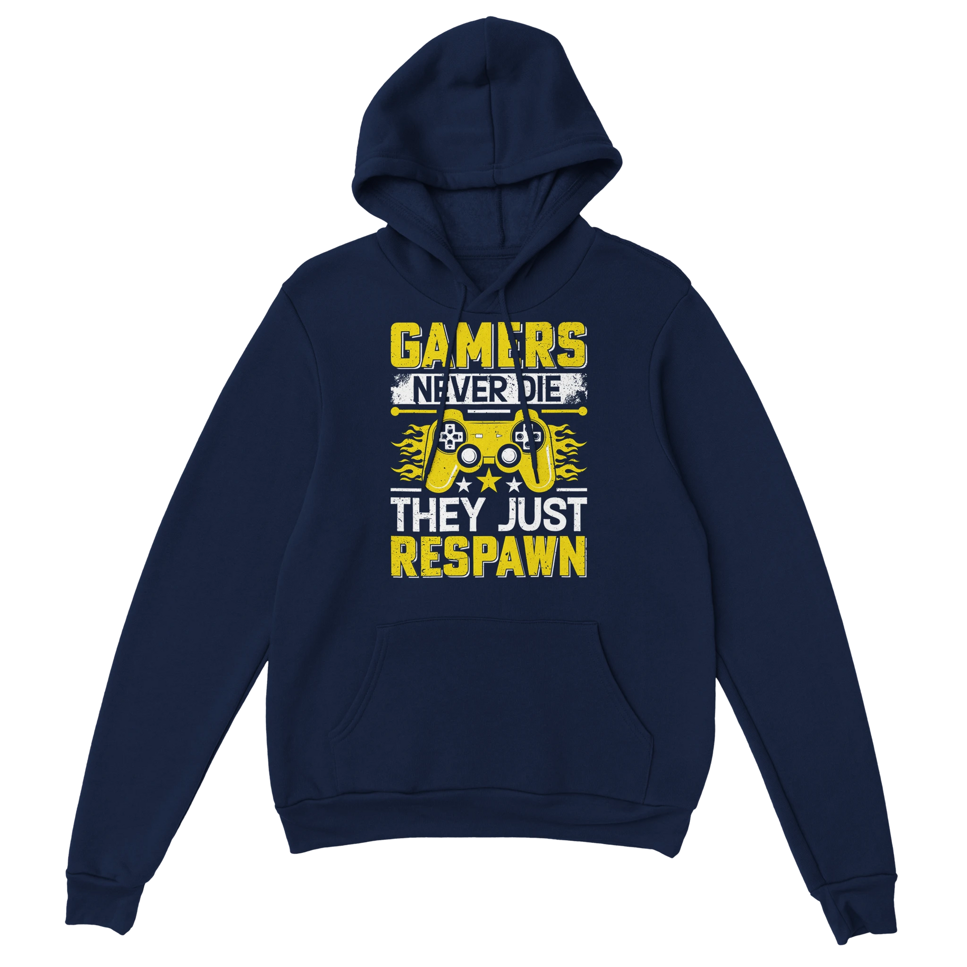 Gamer Hoodie - Gamers Never Die marine – Gaming Hoodie Flatlay mit Gamers Never Die Print