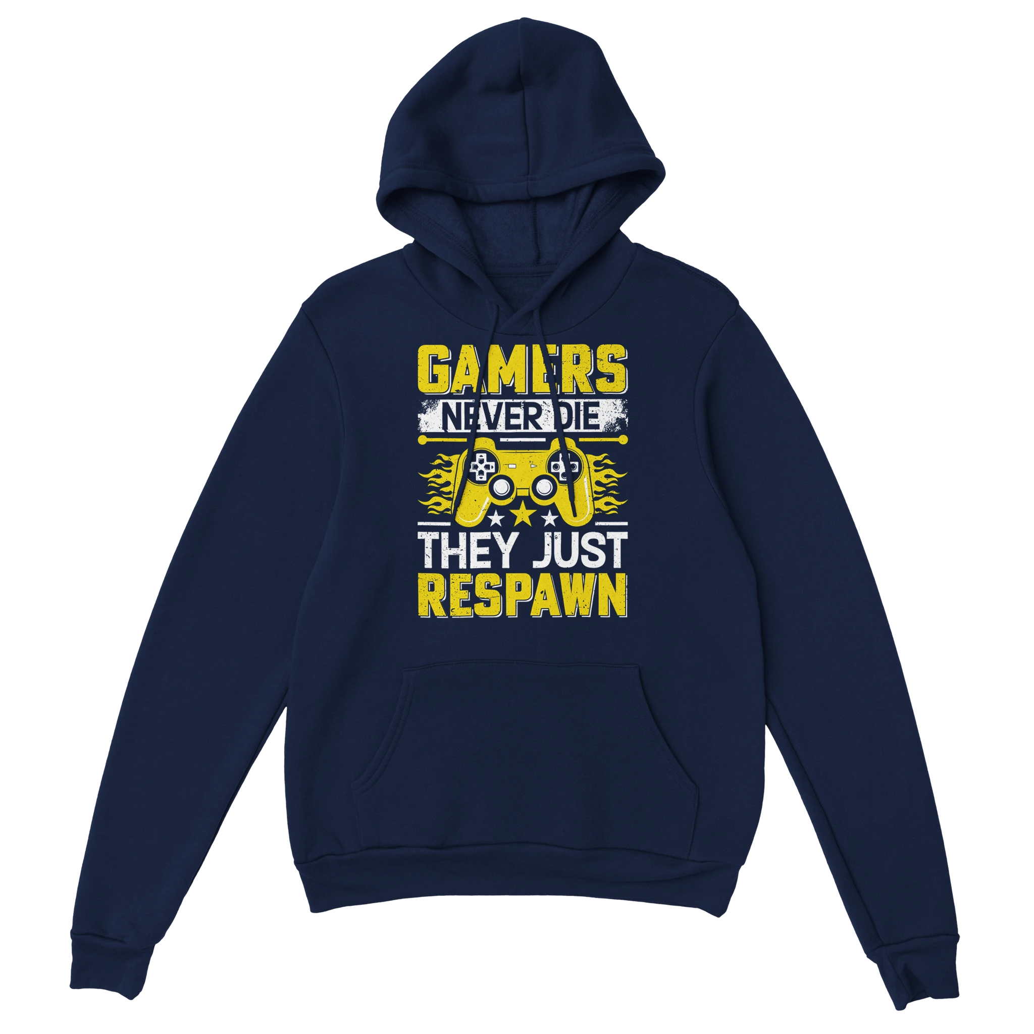 Gamer Hoodie - Gamers Never Die marine – Gaming Hoodie Flatlay mit Gamers Never Die Print