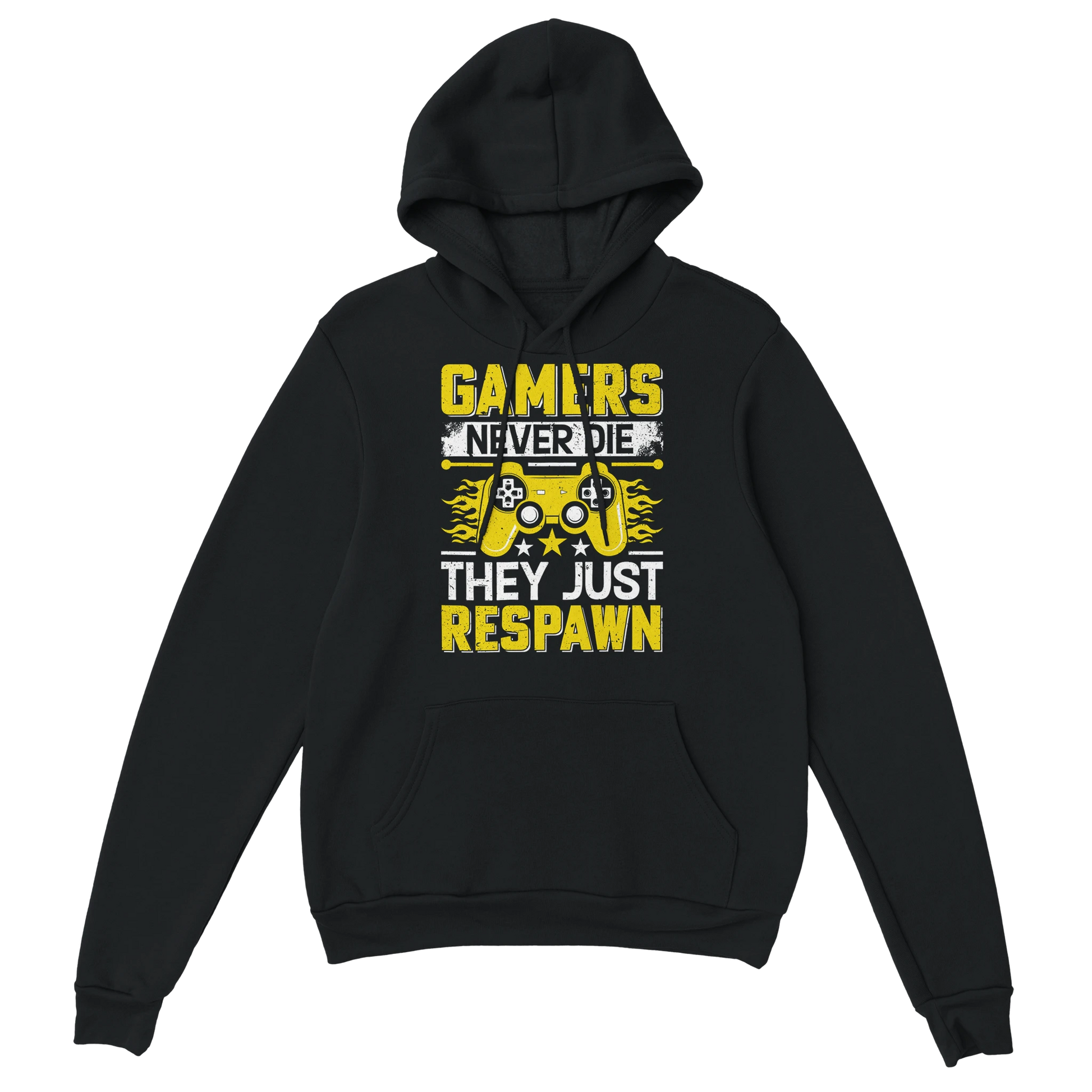 Gamer Hoodie - Gamers Never Die schwarz – Gaming Hoodie Flatlay mit Gamers Never Die Print