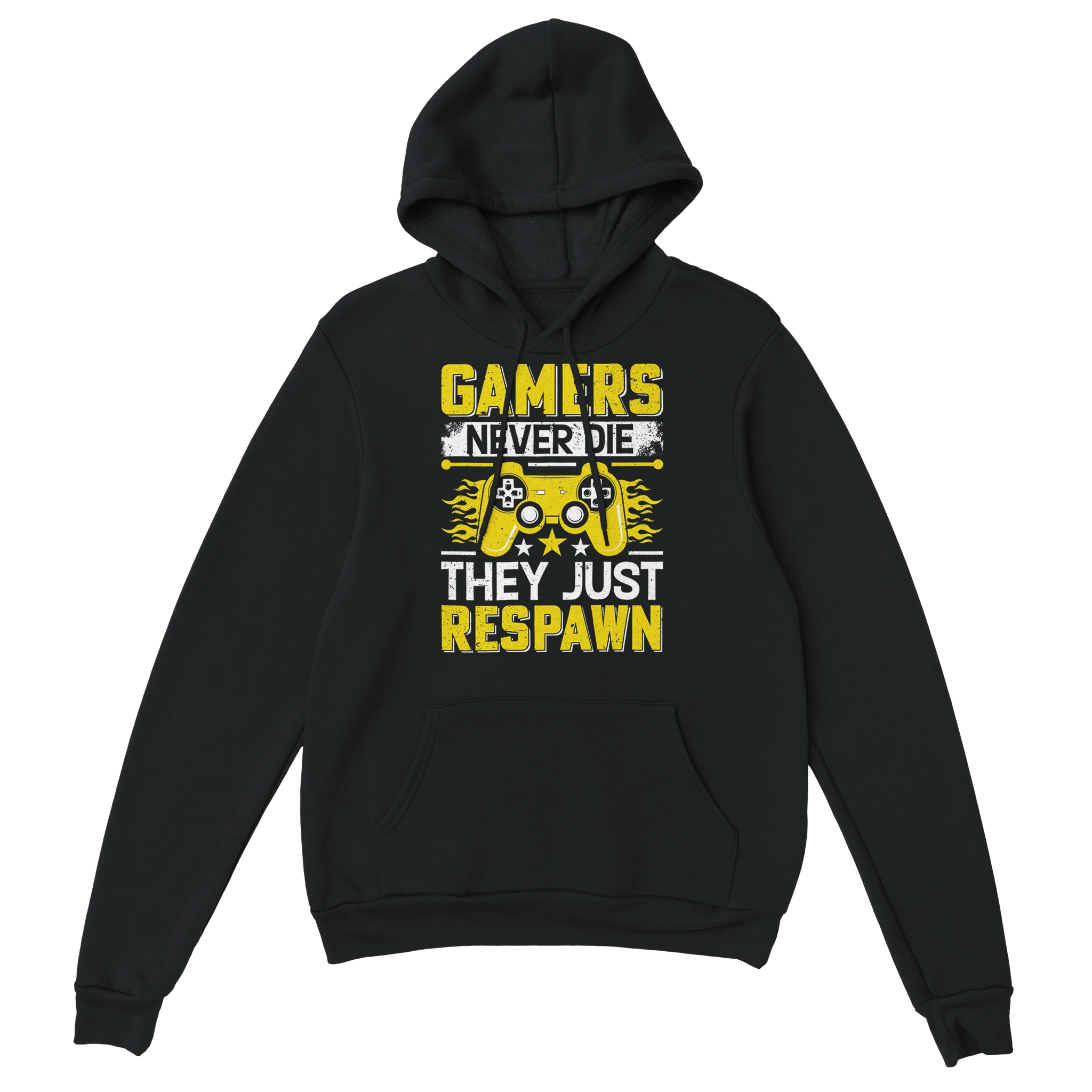 Gamer Hoodie - Gamers Never Die schwarz – Gaming Hoodie Flatlay mit Gamers Never Die Print